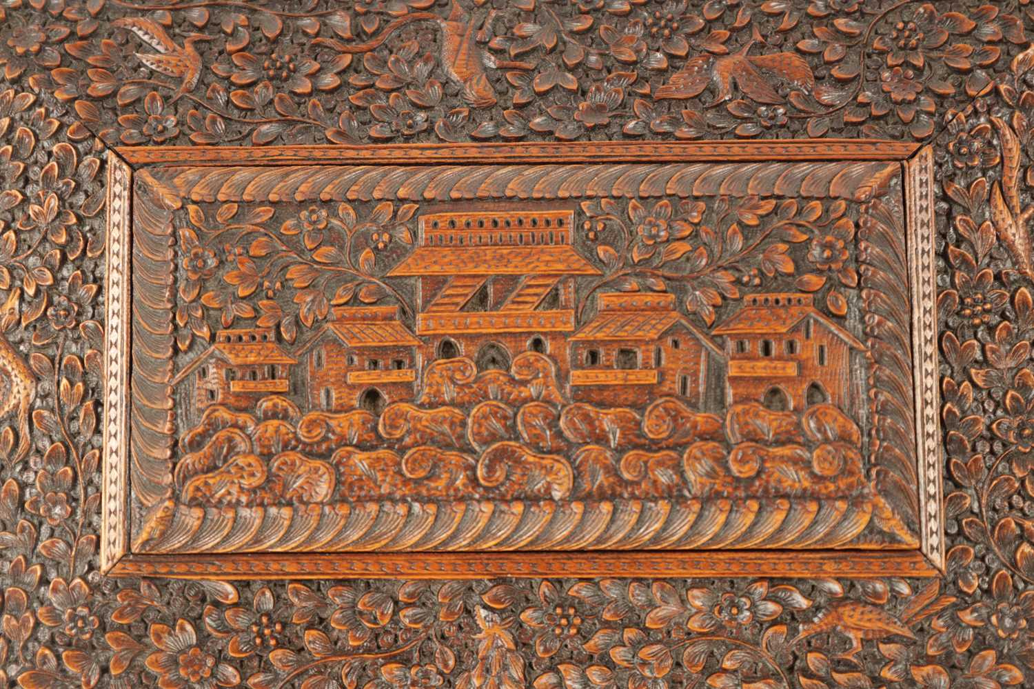 A 19TH CENTURY INDIAN CARVED HARDWOOD SEWING BOX - Image 3 of 14