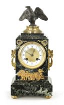 A LATE 19TH CENTURY FRENCH ANTICO VERDE MARBLE, BRONZE AND ORMOLU MANTEL CLOCK