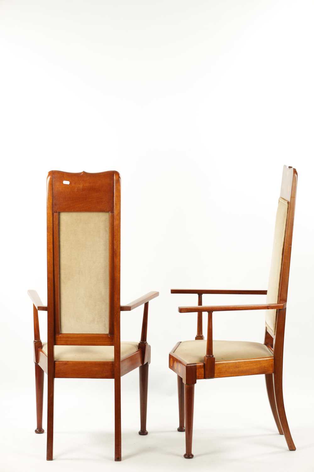 A PAIR OF INLAID MAHOGANY ART NOVEAU LIBERTY-STYLE UPHOLSTERED ARMCHAIRS - Image 10 of 11