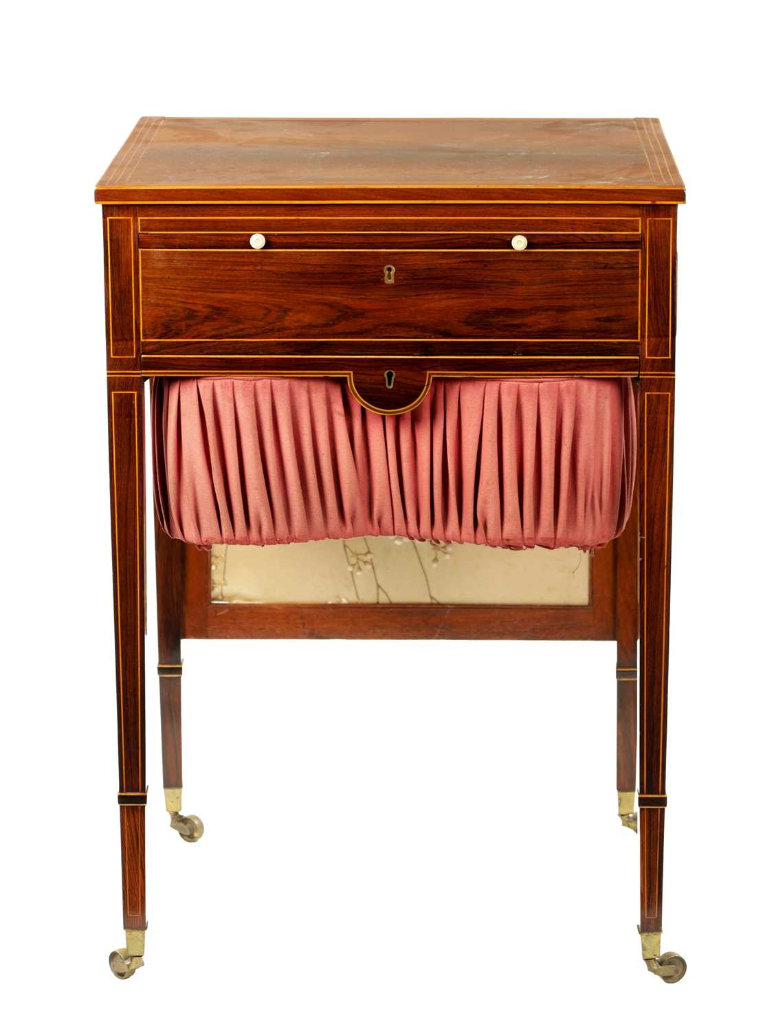 A FINE REGENCY BOXWOOD STRUNG FIGURED ROSEWOOD WORK TABLE