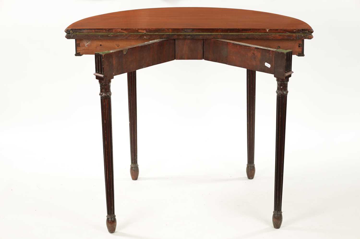 A GEORGE III MAHOGANY DEMI LUNE CARD TABLE IN THE MANNER OF ROBERT ADAM - Image 6 of 9