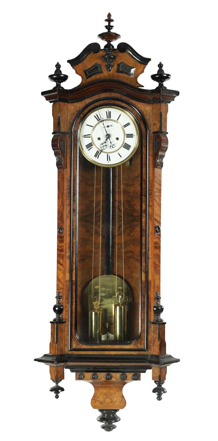 A LATE 19TH CENTURY BURR WALNUT AND EBONISED DOUBLE WEIGHT VIENNA STYLE REGULATOR WALL CLOCK