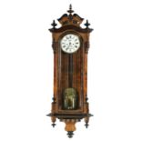 A LATE 19TH CENTURY BURR WALNUT AND EBONISED DOUBLE WEIGHT VIENNA STYLE REGULATOR WALL CLOCK