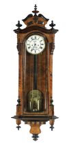 A LATE 19TH CENTURY BURR WALNUT AND EBONISED DOUBLE WEIGHT VIENNA STYLE REGULATOR WALL CLOCK