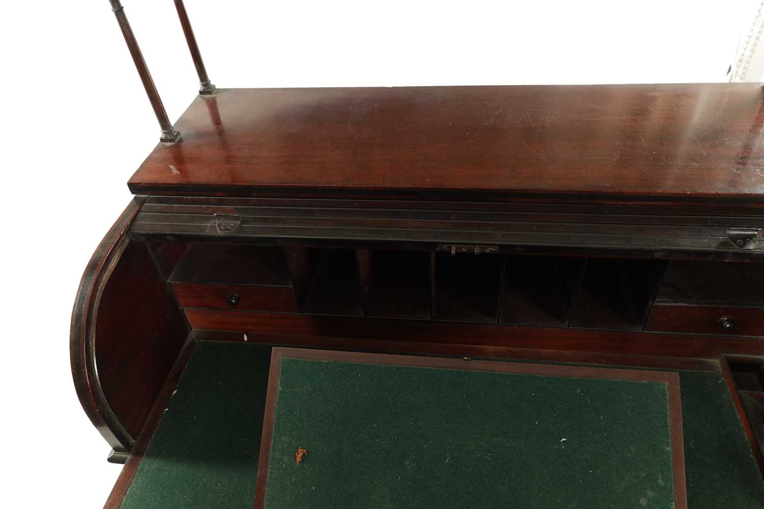 A REGENCY FIGURED MAHOGANY AND EBONY STRUNG TAMBOUR FRONT CYLINDER DESK - Image 6 of 8