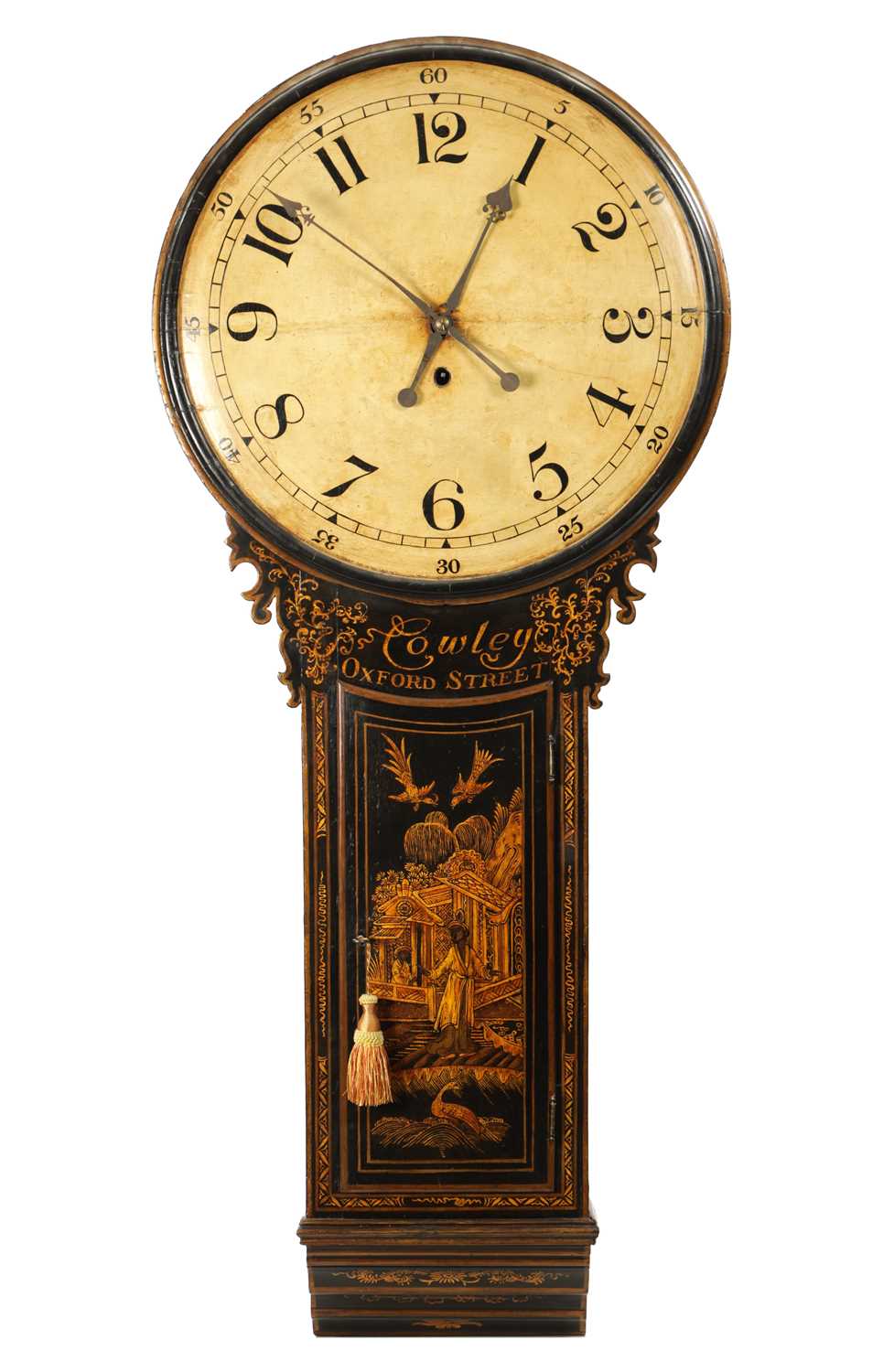 COWLEY, OXFORD STREET. A GEORGE III LACQUERED CHINOISERIE TAVERN CLOCK