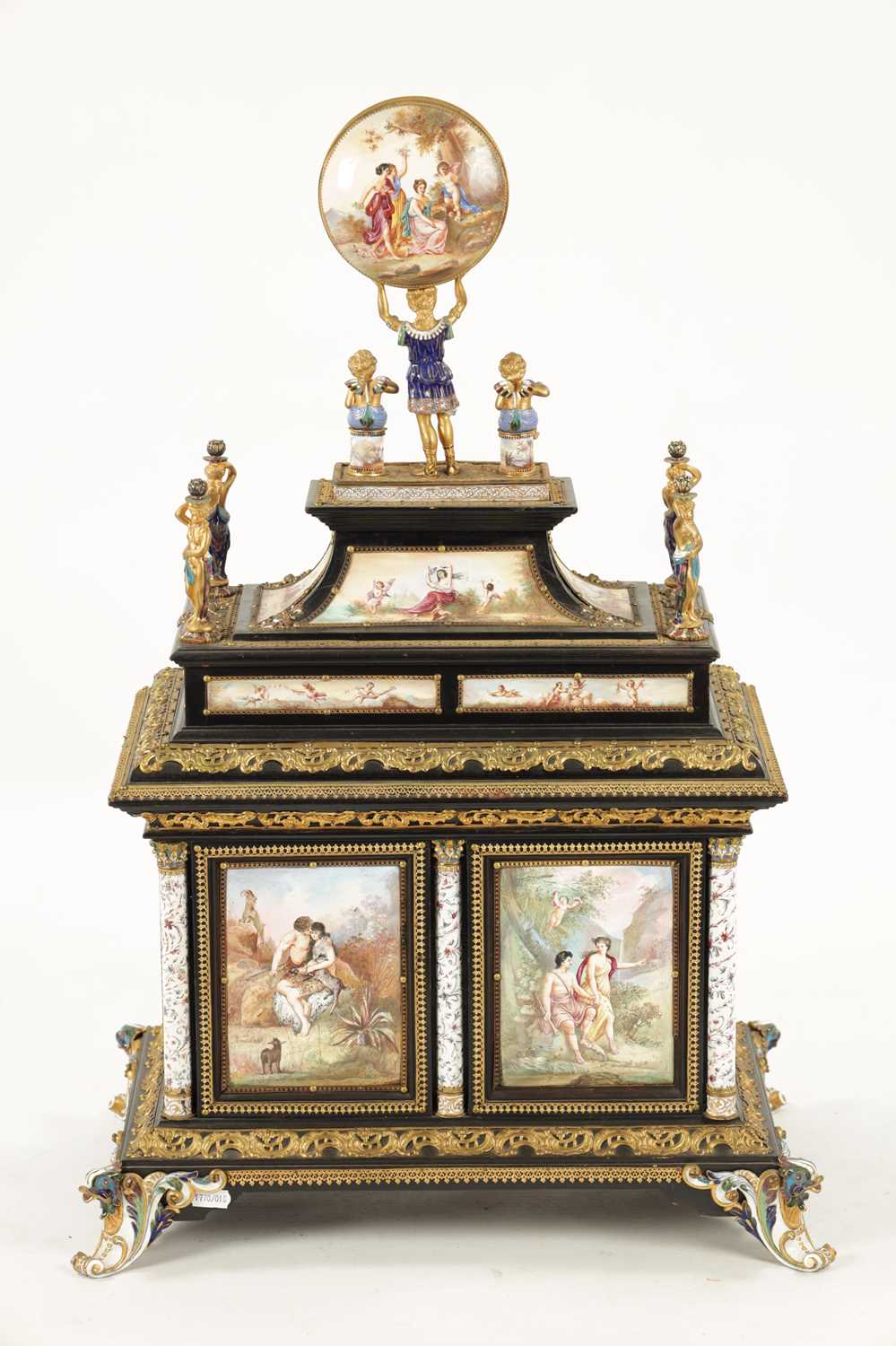 A FINE AND RARE EARLY/MID 19TH CENTURY AUSTRIAN EBONISED, PRESSED BRASS MOUNTED AND VIENNESE ENAMELL - Image 12 of 14