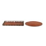 AN 18TH CENTURY RECTANGULAR FRETTED GALLERY TRAY TOGETHER WITH A MAHOGANY CIRCULAR TOP