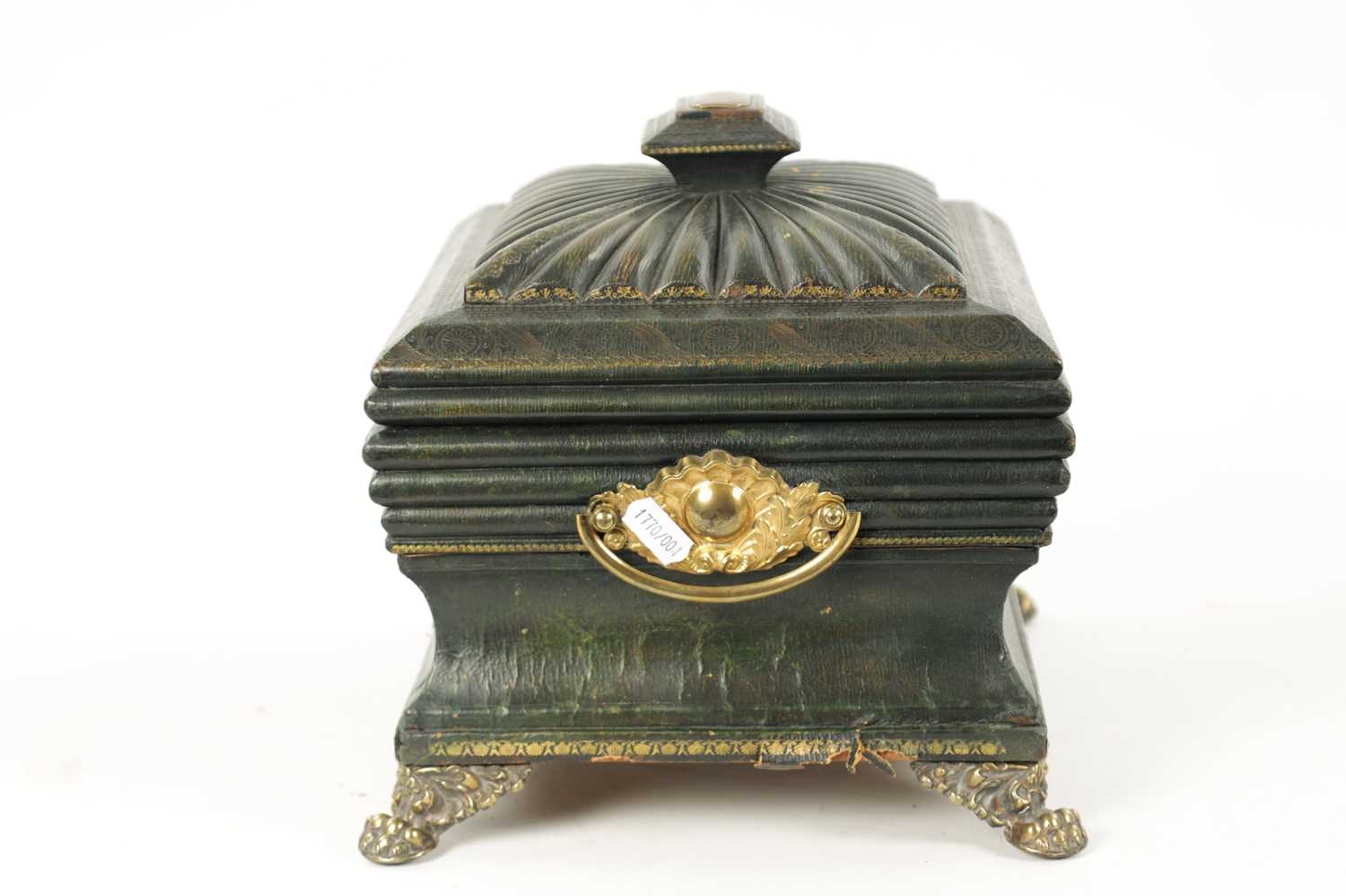 A FINE REGENCY TOOLED LEATHER LADIES COMBINED SEWING / WRITING BOX OF SARCOPHAGUS FORM - Image 9 of 11