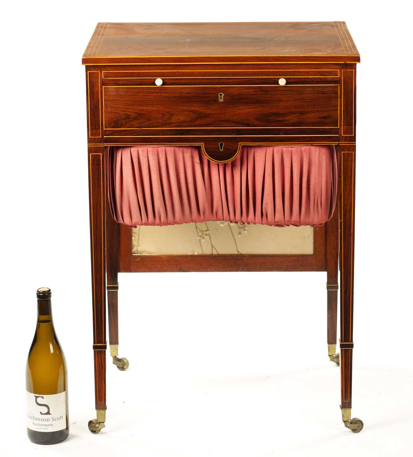 A FINE REGENCY BOXWOOD STRUNG FIGURED ROSEWOOD WORK TABLE - Image 5 of 7