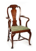 AN 18TH CENTURY WALNUT AND MARQUETRY INLAID ARM CHAIR