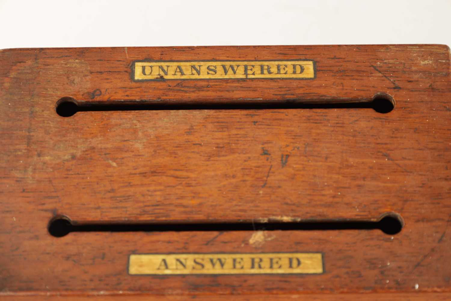 A 19TH CENTURY MAHOGANY LETTER TRAY AND CORRESPONDENCE BOX 'ANSWERED ABD UNANSWERED' - Image 2 of 7