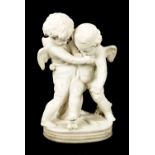 A LATE 19TH CENTURY CARVED MARBLE GROUP OF TWO CHERUBS