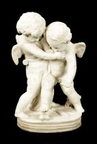 A LATE 19TH CENTURY CARVED MARBLE GROUP OF TWO CHERUBS