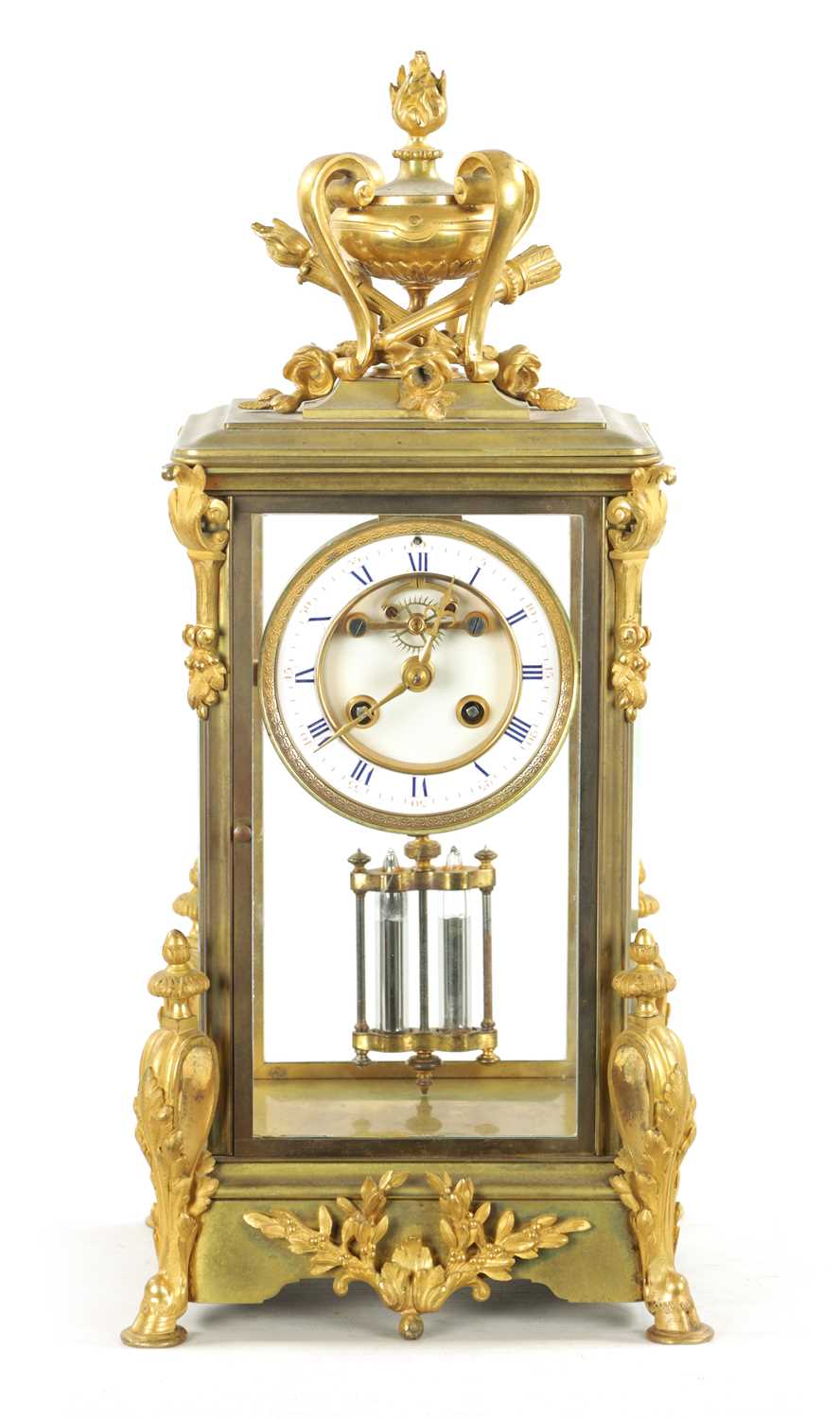 A LATE 19TH CENTURY FRENCH GILT BRASS FOUR-GLASS MANTEL CLOCK