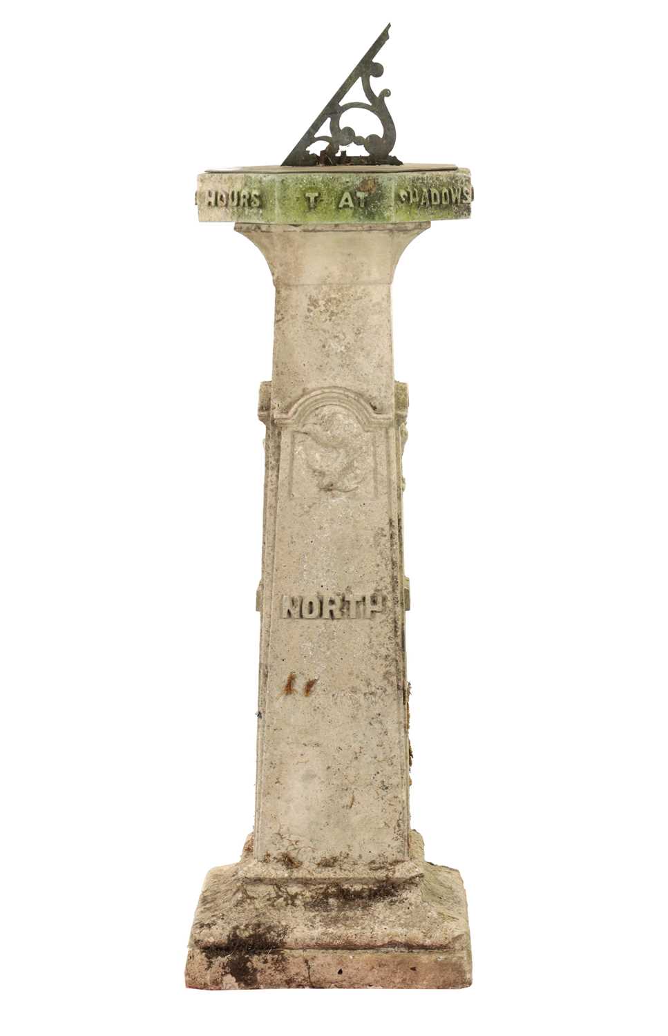 AN EARLY 18TH CENTURY BRONZE SUNDIAL DATED 1717 RAISED ON AN ARTS AND CRAFTS COMPOSITE STONE BASE