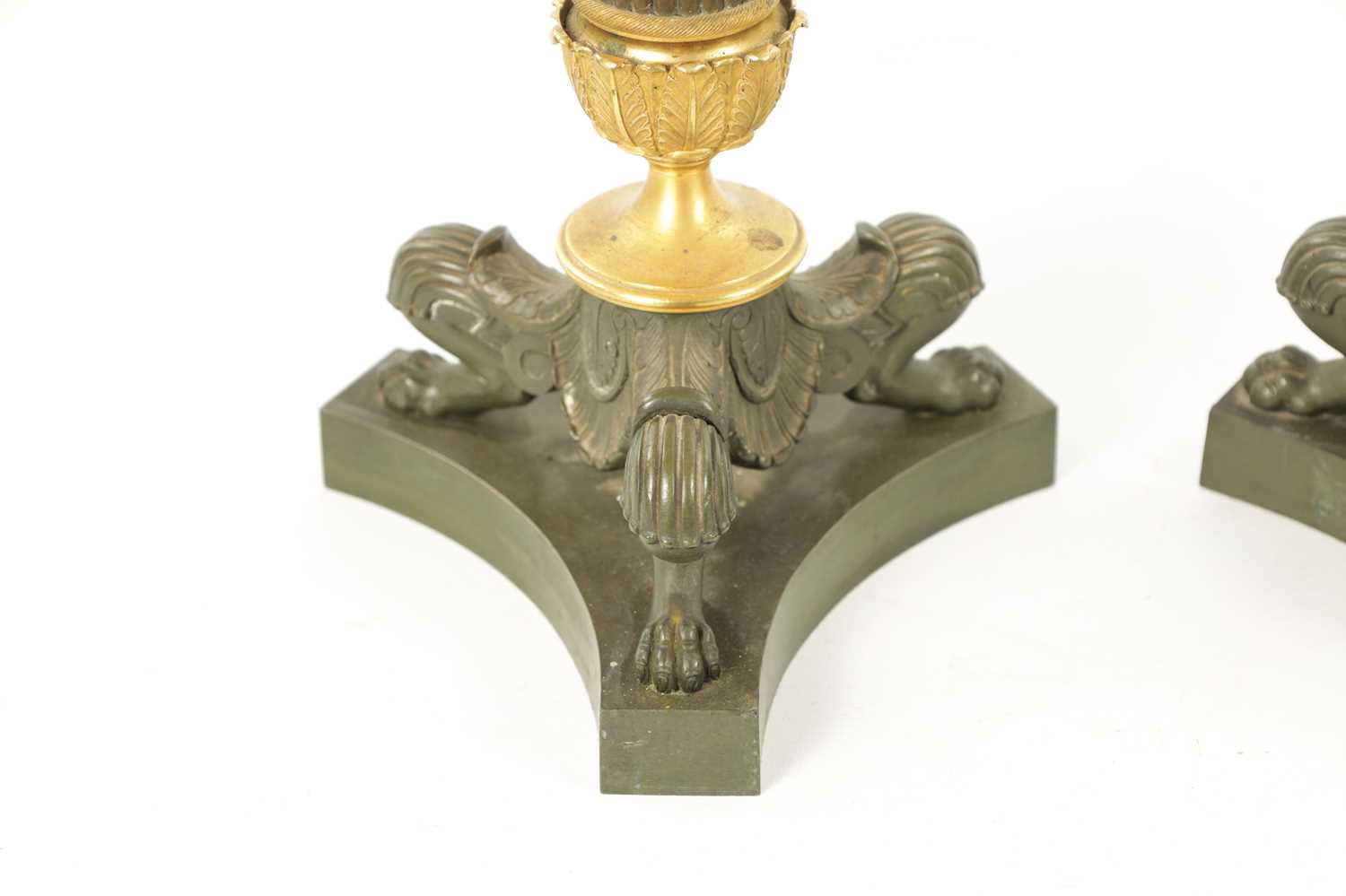 A PAIR OF REGENCY BRONZE AND ORMOLU CANDLESTICKS WITH LATER OIL LAMP FITTINGS - Image 2 of 12