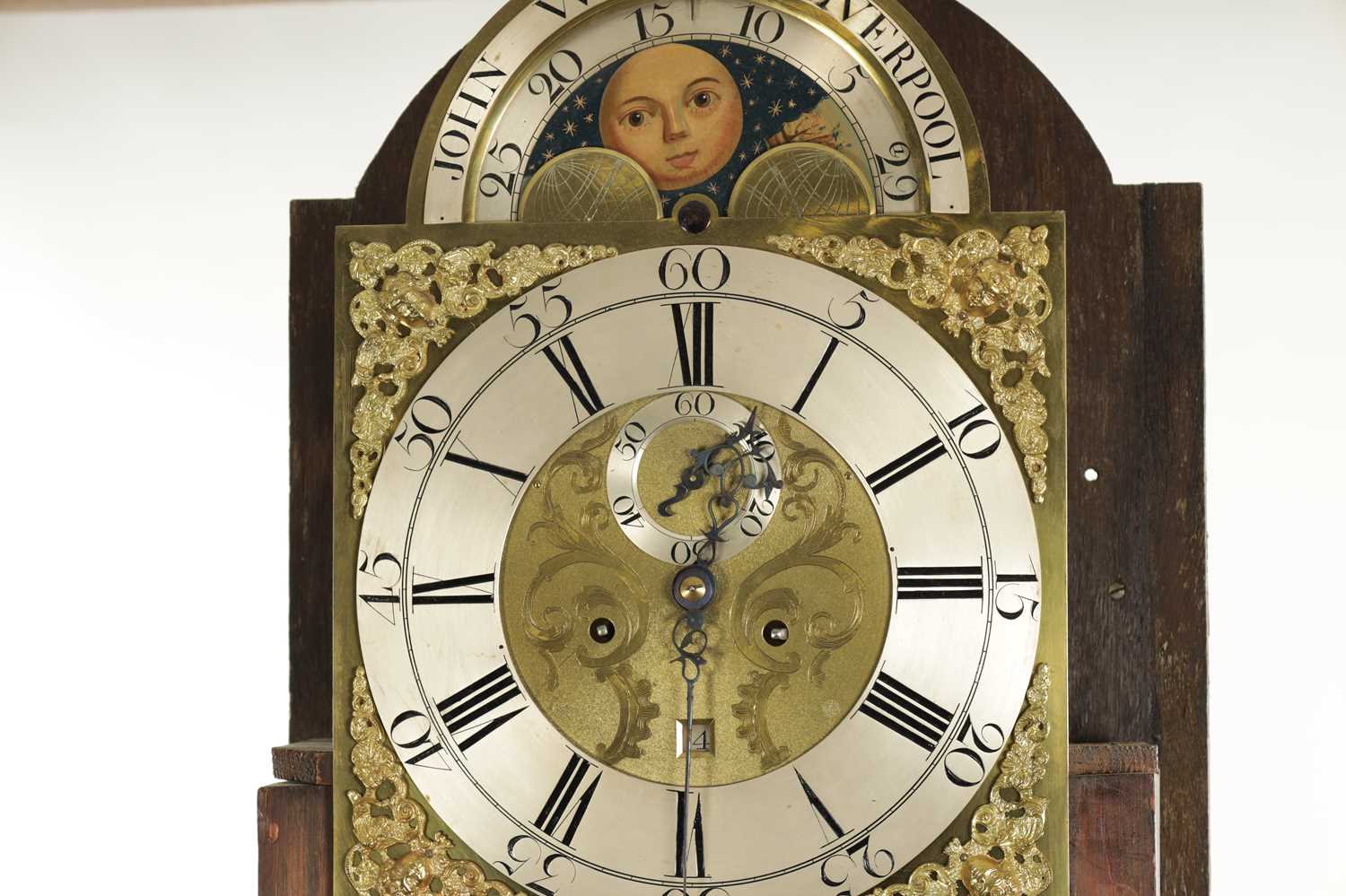 JOHN WYKE, LIVERPOOL. AN EARLY GEORGE III FIGURED MAHOGANY EIGHT DAY LONGCASE CLOCK - Image 5 of 16