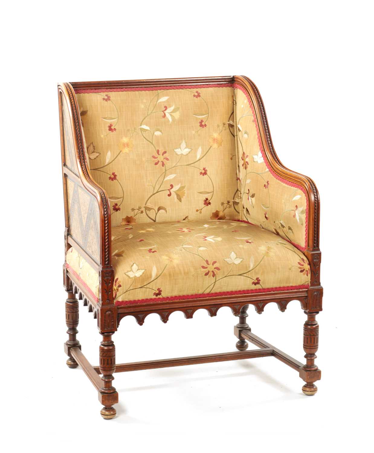 A FINE LATE 19TH CENTURY INLAID WALNUT AESTHETIC PERIOD CHAIR IN THE MANNER WILLIAM MORRIS