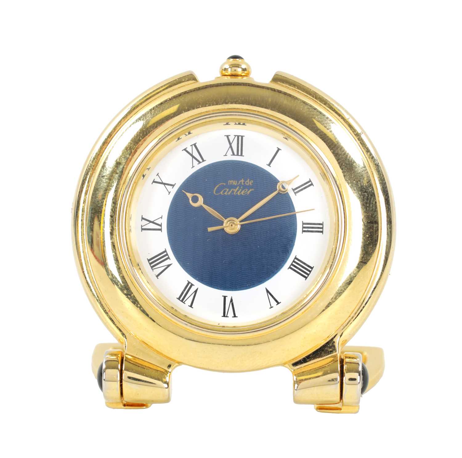 A VINTAGE MINIATURE GOLD PLATED CARTIER DESK CLOCK