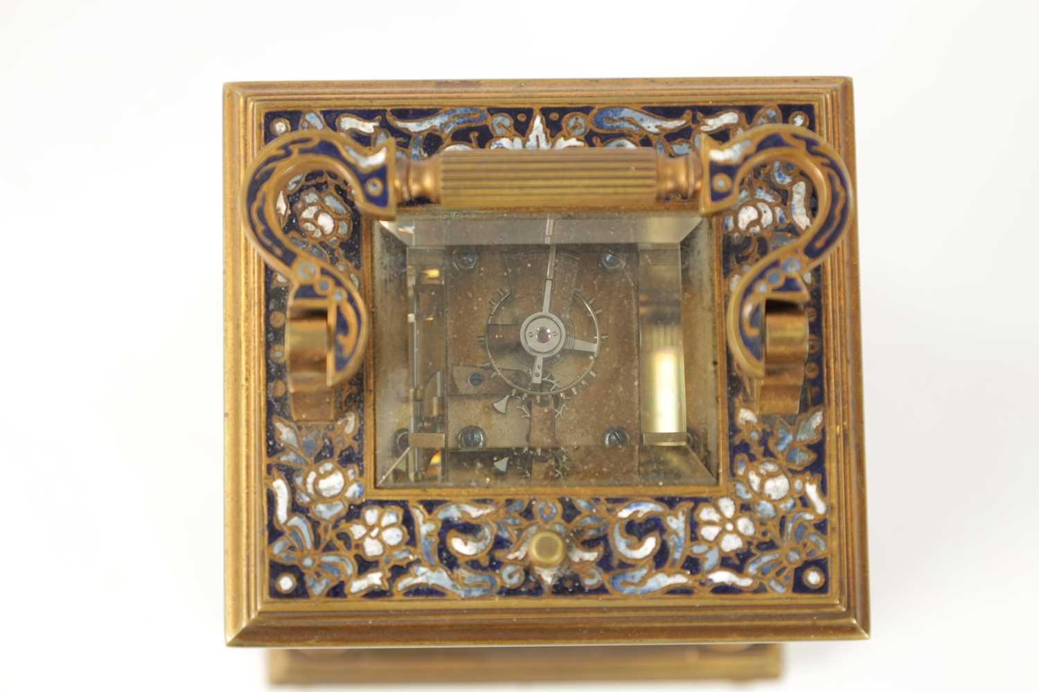 A LATE 19TH CENTURY FRENCH GILT BRASS AND CHAMPLEVE ENAMEL REPEATING CARRIAGE CLOCK - Image 3 of 9