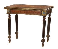 A 19TH CENTURY WALNUT AND ROSEWOOD MARQUETRY INLAID FRENCH CARD TABLE