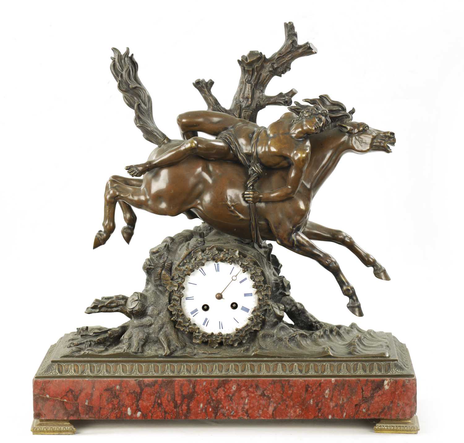 A LARGE LATE 19TH CENTURY FRENCH BRONZE AND ROUGE MARBLE MANTEL CLOCK