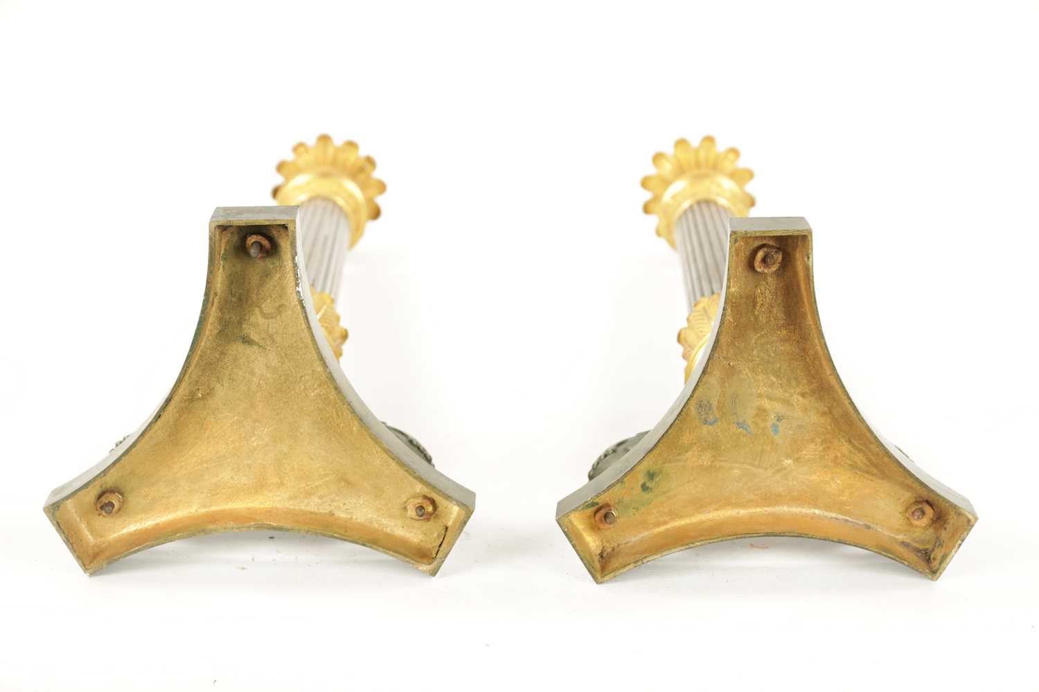 A PAIR OF REGENCY BRONZE AND ORMOLU CANDLESTICKS WITH LATER OIL LAMP FITTINGS - Image 12 of 12