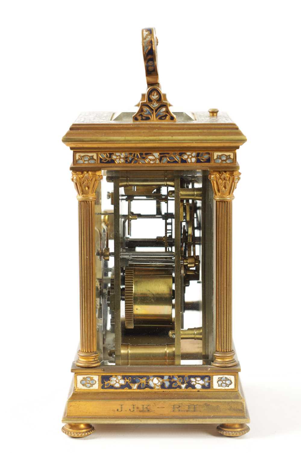A LATE 19TH CENTURY FRENCH GILT BRASS AND CHAMPLEVE ENAMEL REPEATING CARRIAGE CLOCK - Image 9 of 9