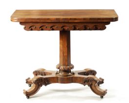AN UNUSUAL WILLIAM IV FIGURED ROSEWOOD TEA TABLE BEARING MAKERS LABEL FOR J KENDELL & CO