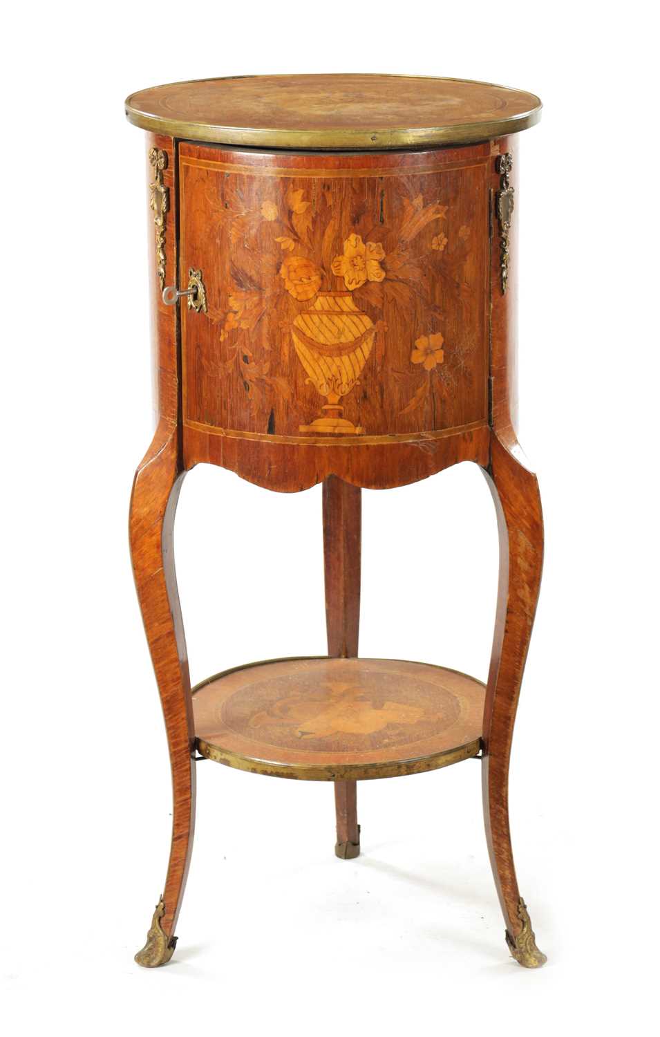 A 19TH CENTURY FRENCH WALNUT MARQUETRY CIRCULAR BEDSIDE CABINET