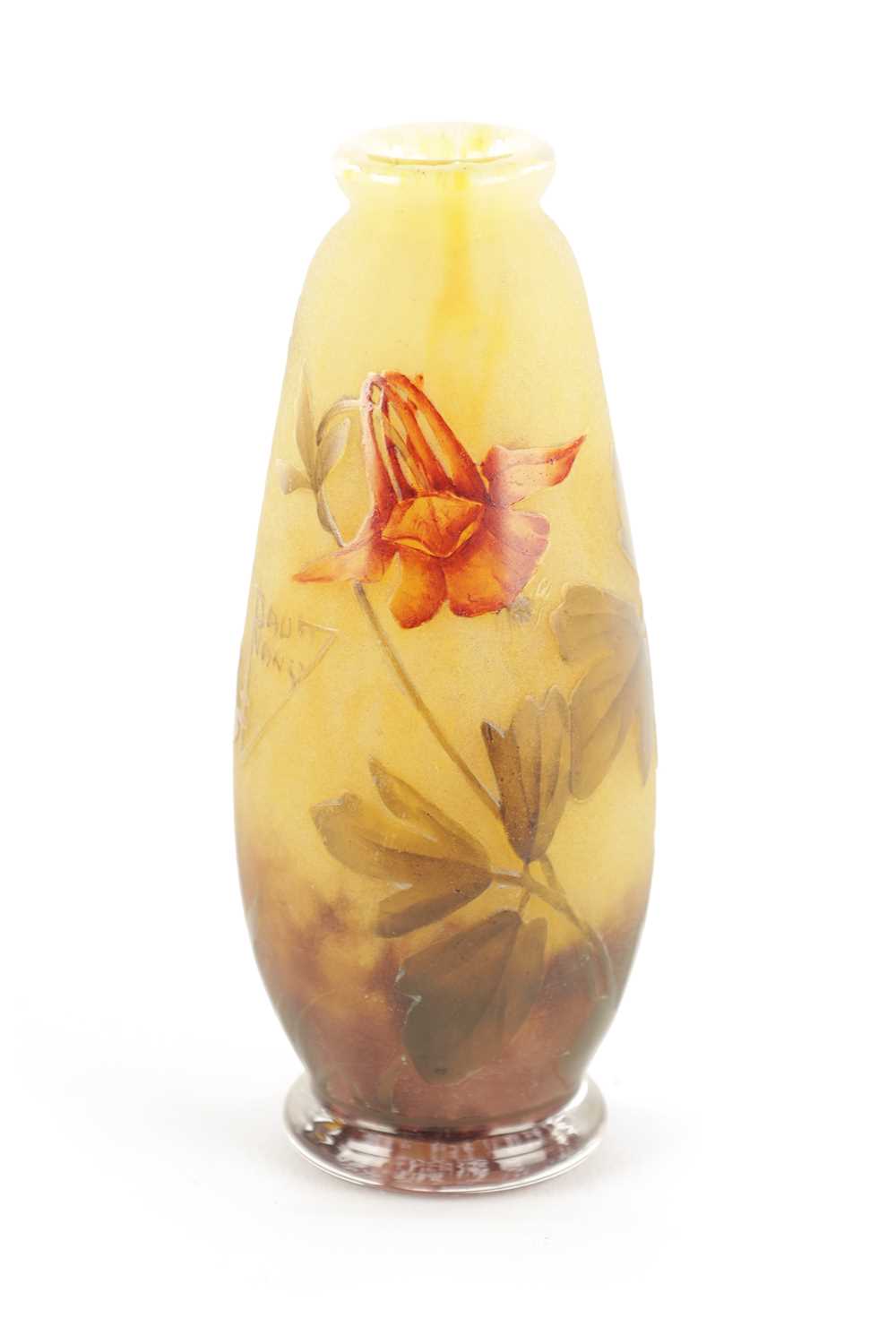 AN ART NOUVEAU DAUM ETCHED GLASS CAMEO AND ENAMELLED SOLIFLEUR VASE DECORATED WITH ANCOLIES