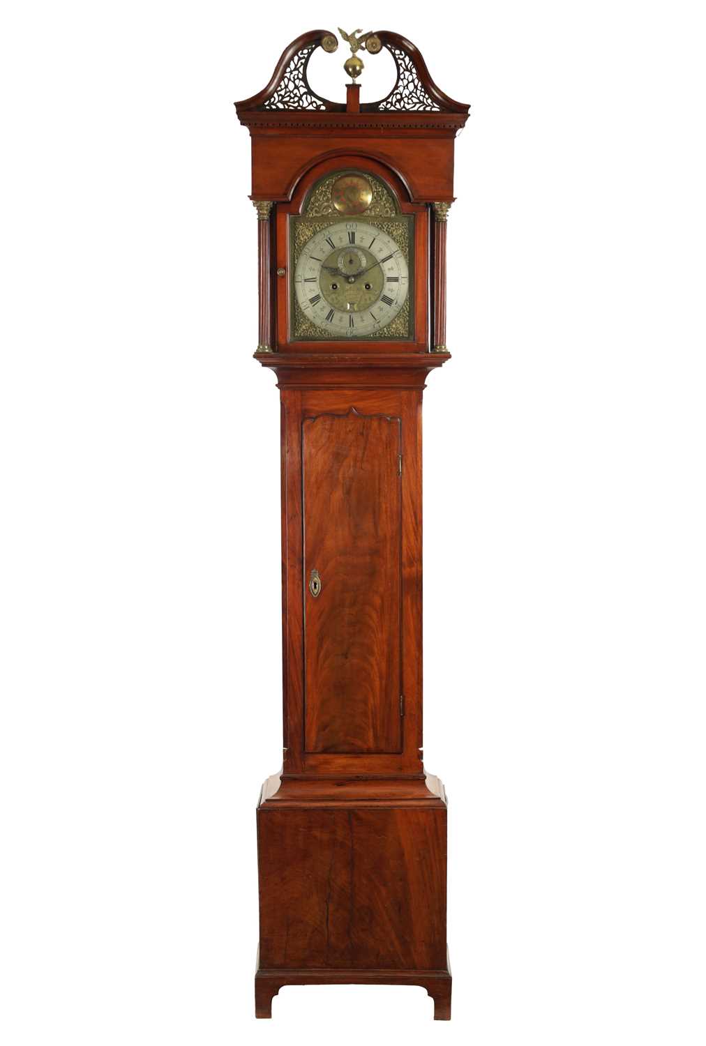 R. HENDERSON, SCARBROUGH. A MID 18TH CENTURY FIGURED MAHOGANY LONGCASE CLOCK