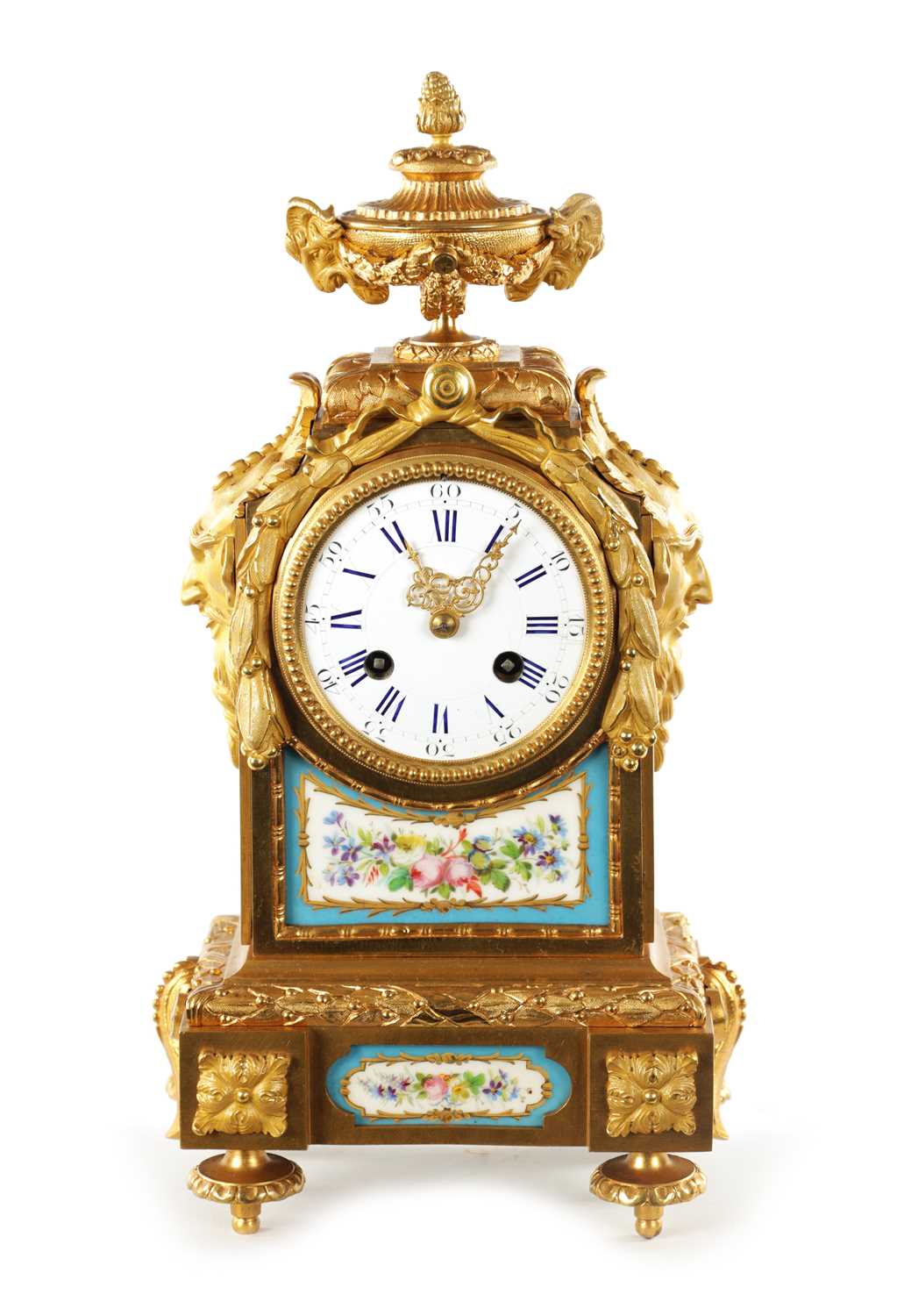 A LATE 19TH CENTURY FRENCH PORCELAIN PANELLED ORMOLU MANTEL CLOCK