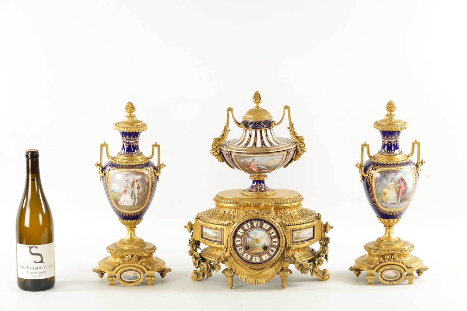 A FINE 19TH CENTURY FRENCH ORMOLU AND SEVRES PORCELAIN CLOCK GARNITURE - Image 2 of 12