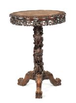 A GOOD 19TH CENTURY CHINESE CARVED HARDWOOD MARBLE TOPPED OCCASIONAL TABLE