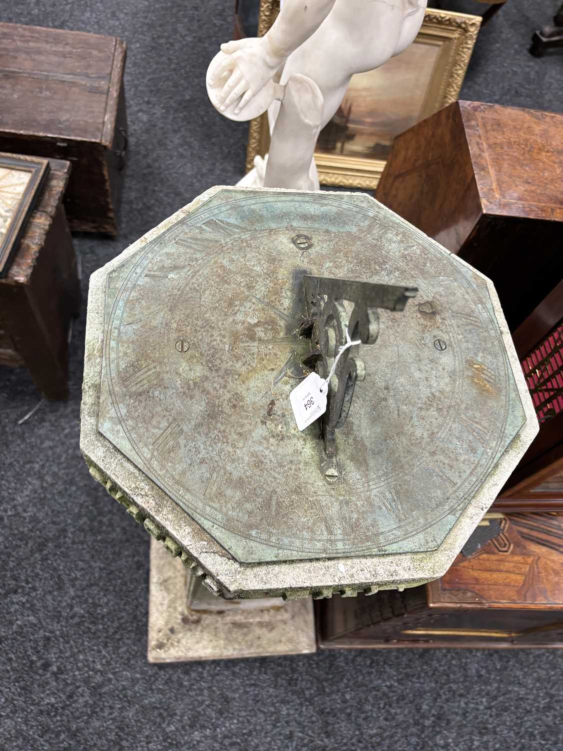 AN EARLY 18TH CENTURY BRONZE SUNDIAL DATED 1717 RAISED ON AN ARTS AND CRAFTS COMPOSITE STONE BASE - Image 12 of 17