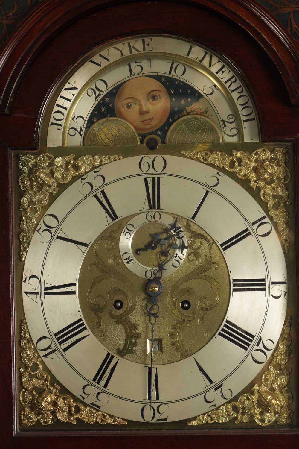 JOHN WYKE, LIVERPOOL. AN EARLY GEORGE III FIGURED MAHOGANY EIGHT DAY LONGCASE CLOCK - Image 2 of 16