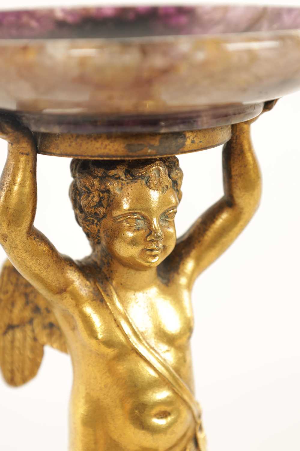 A REGENCY FIGURAL GILT BRONZE, MALACHITE AND BLUE JOHN TAZZA - Image 9 of 11