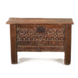 A RARE 15TH/16TH CENTURY GOTHIC OAK PLANK COFFER OF SMALL SIZE