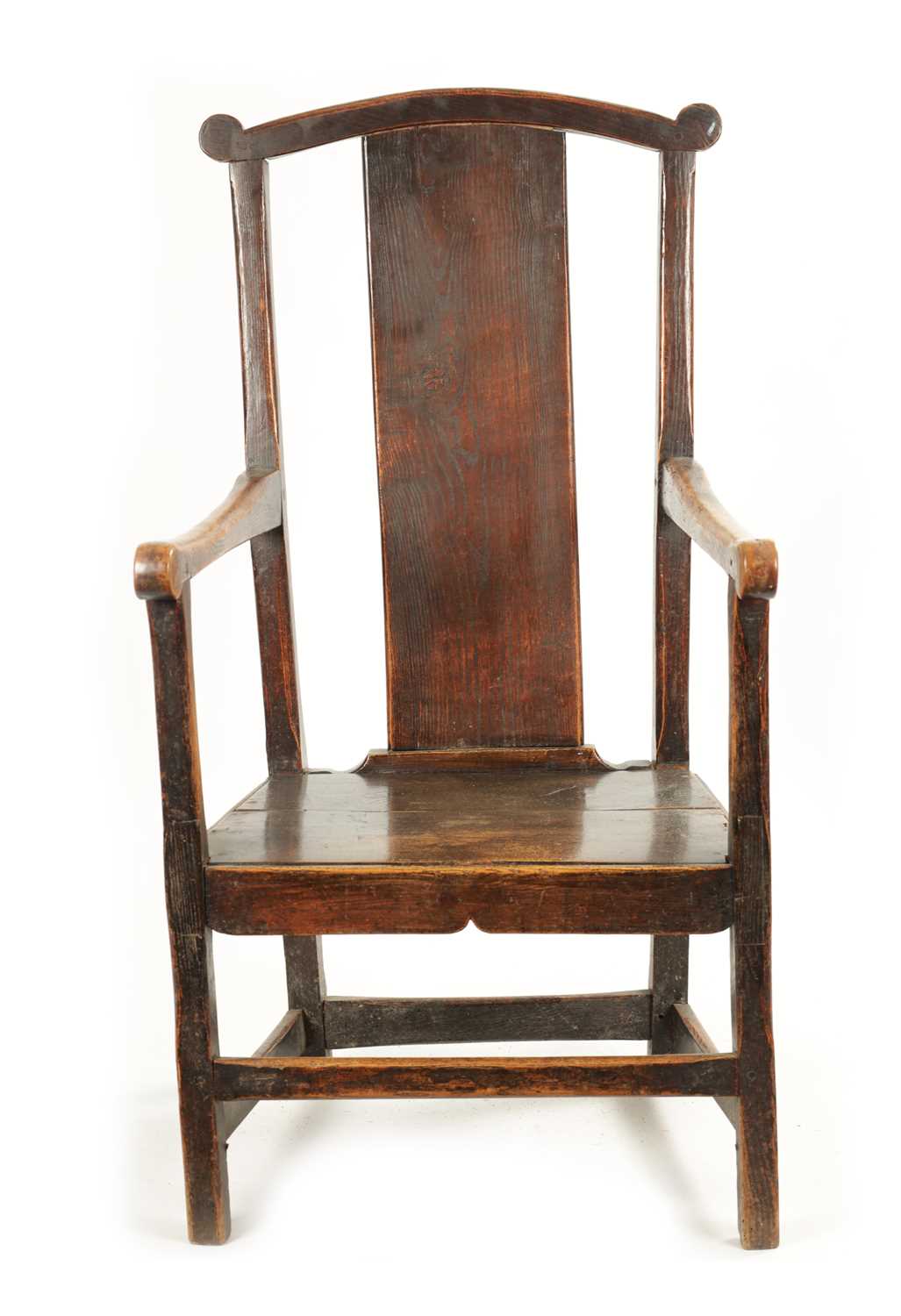 AN 18TH CENTURY PRIMITIVE ASH AND ELM COUNTRY ARMCHAIR