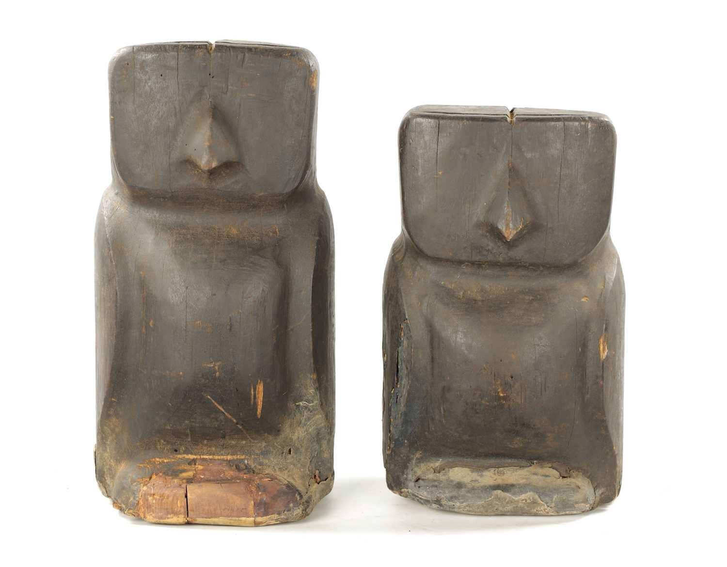 AN UNUSUAL PAIR OF ANTIQUE CARVED WOOD NATIVE FIGURES OF OWLS