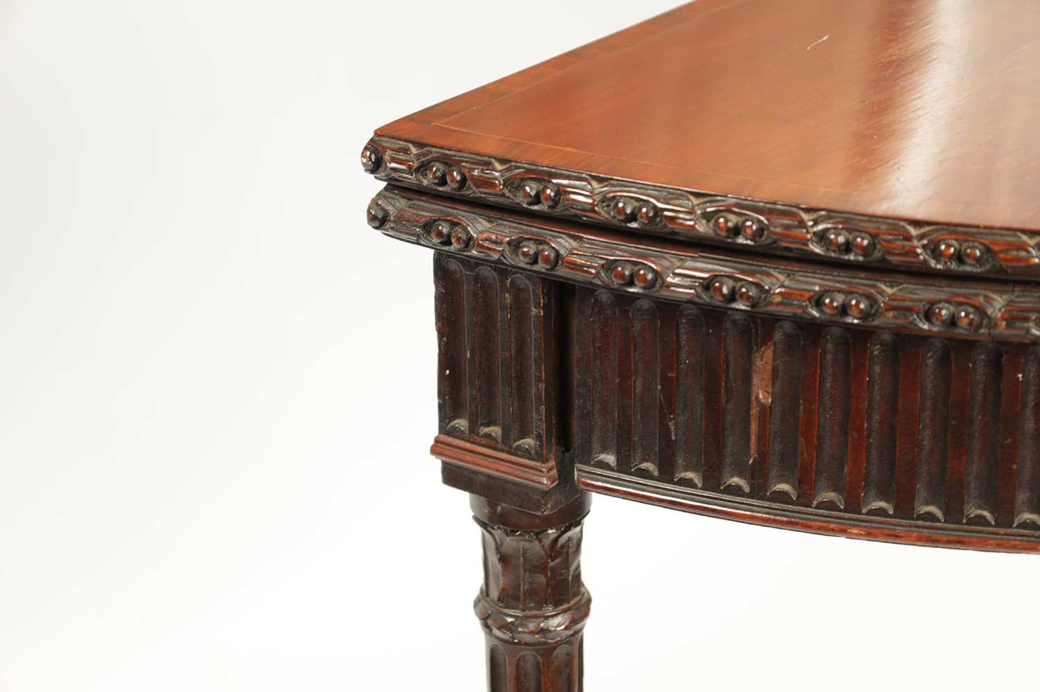 A GEORGE III MAHOGANY DEMI LUNE CARD TABLE IN THE MANNER OF ROBERT ADAM - Image 4 of 9