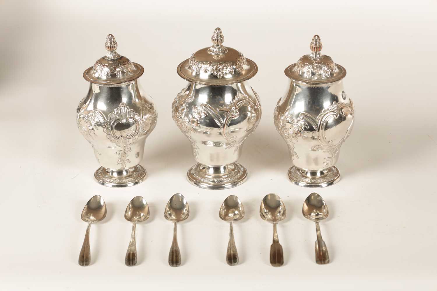 A GOOD GEORGE III SHAGREEN CASED SET OF THREE OLD SHEFFIELD TEA CADDIES - Image 7 of 22