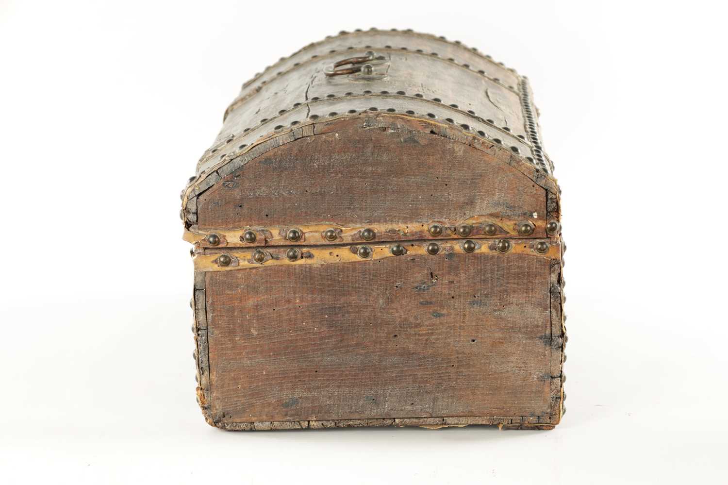 AN 18TH CENTURY STUDDED PINE SMALL DOME-TOP TRUNK BEARING ORIGINAL TRADE LABEL FOR JOHN CLEMENTE’S, - Image 7 of 9