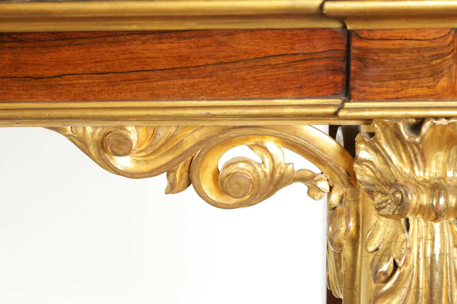 A MASSIVE PAIR OF REGENCY COUNTRY HOUSE FINE PAIR OF ROSEWOOD AND CARVED GILTWOOD CONSOLE TABLES IN - Image 6 of 8