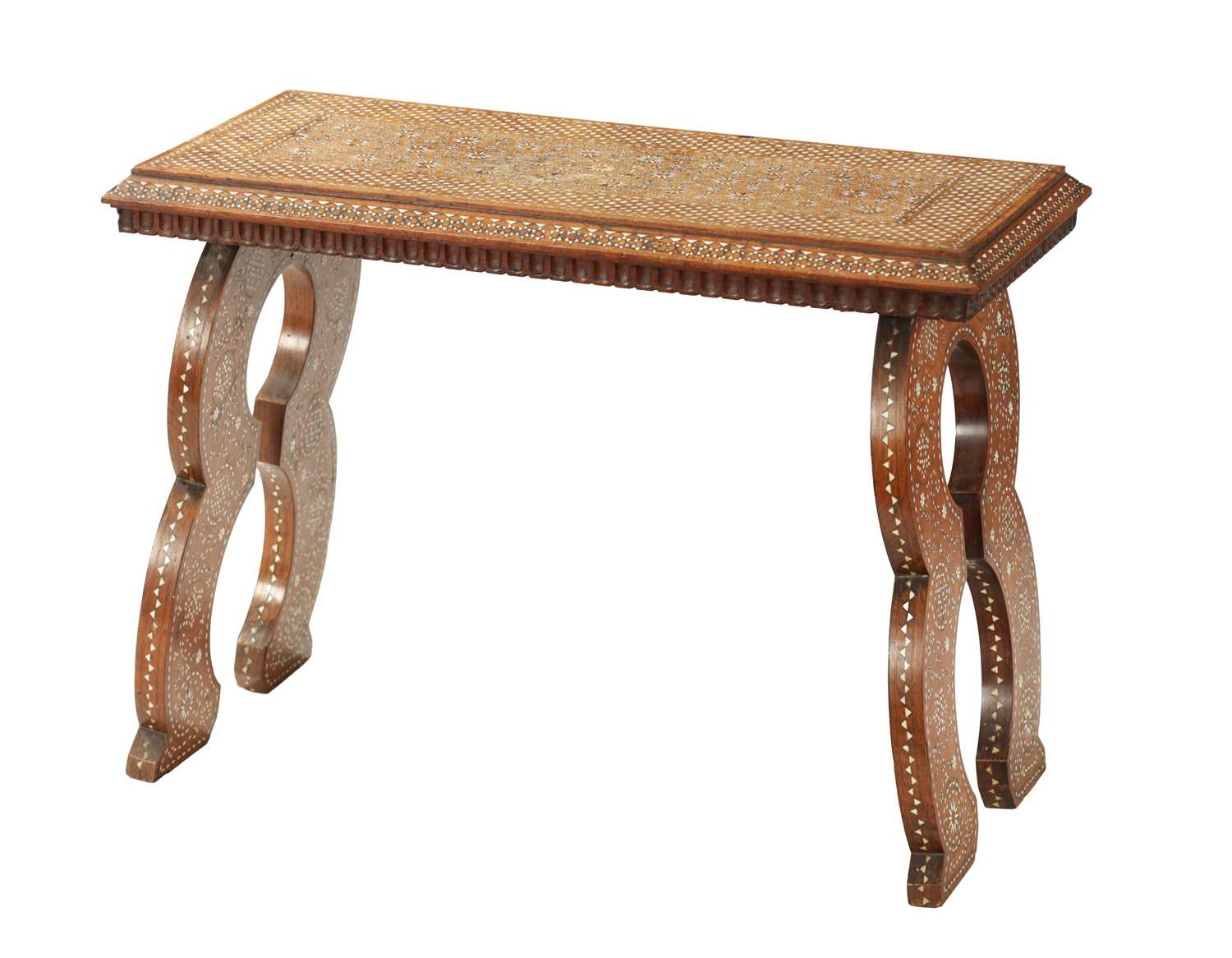 A 19TH CENTURY INDIAN INLAID BONE AND HARWOOD SIDE TABLE