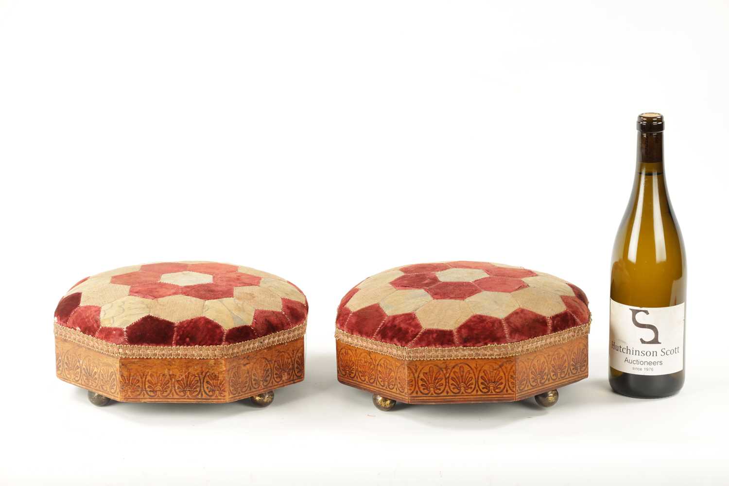 A PAIR OF REGENCY 'BULLOCK' INSPIRED PENWORK UPHOLSTERED FOOTSTOOLS - Image 2 of 7