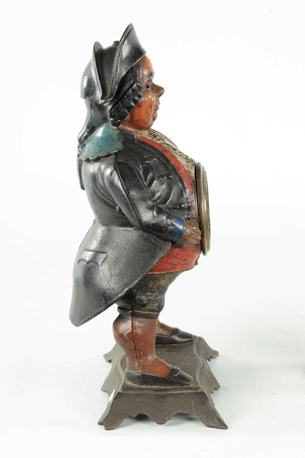 AN AMERICAN POLYCHROME PAINTED CAST IRON FIGURAL BLINKING EYE "CONTINENTAL MODEL" MANTEL TIMEPIECE - Image 6 of 9