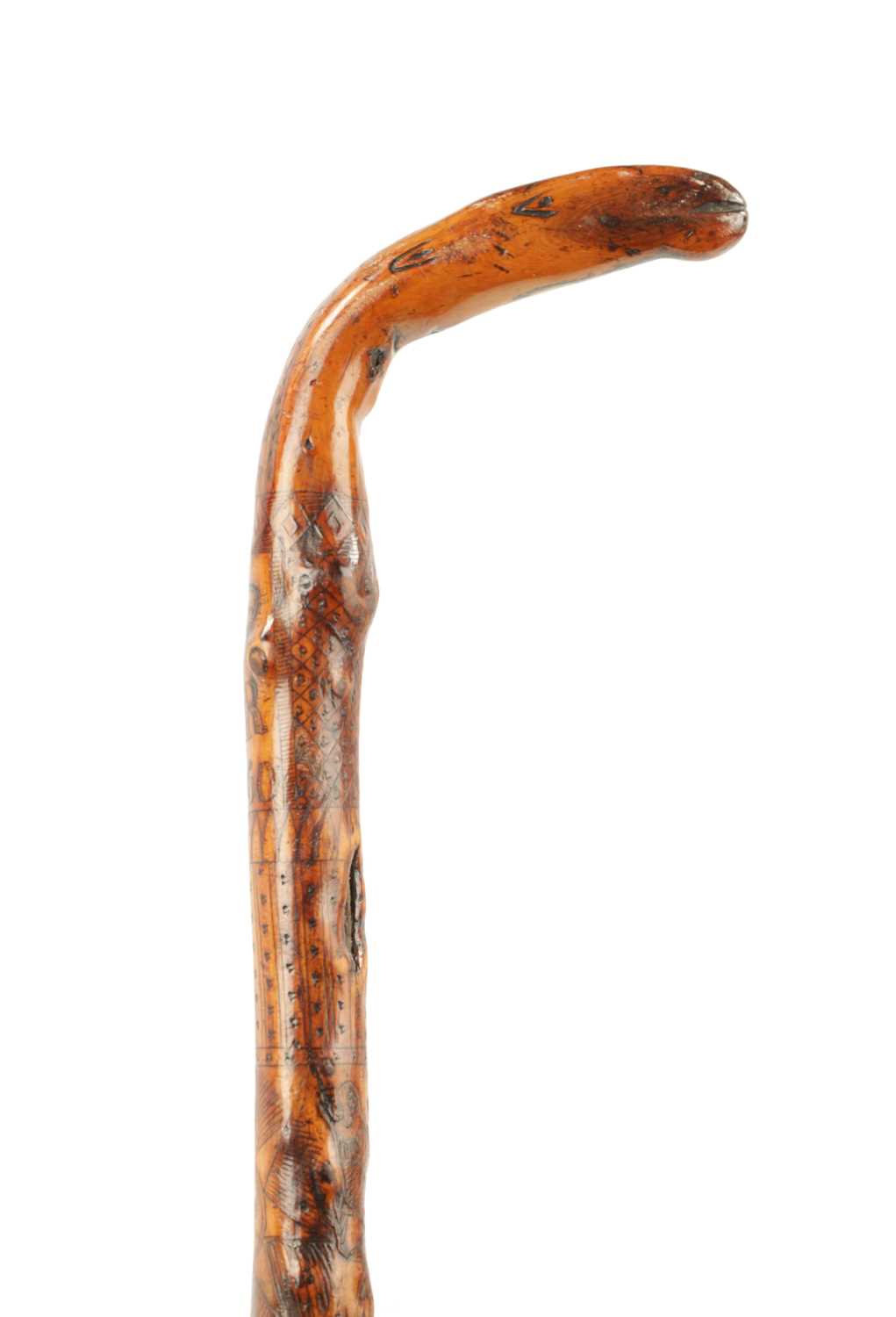 A RARE VICTORIAN FOLK ART CARVED HAWTHORN WALKING STICK DATED 1860